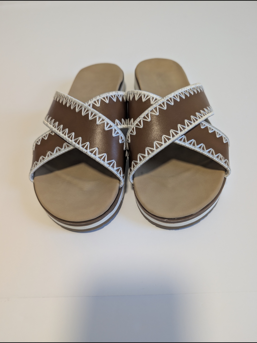 Catherine Malandrino Women's Leather Crisscross Slide Sandals Brown Size 7